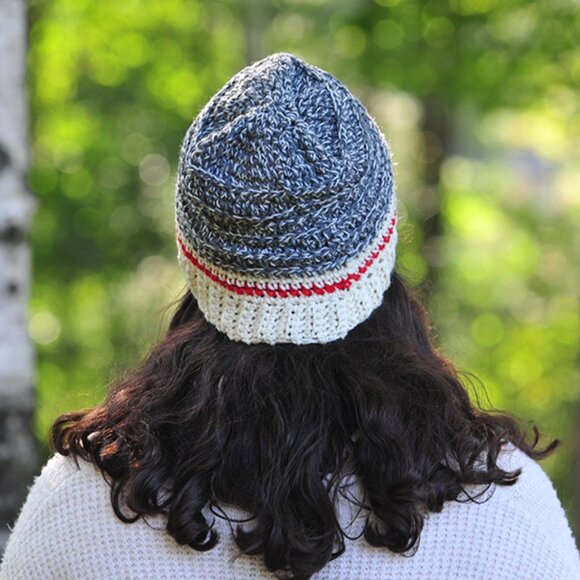 Handmade Grey and Red Sock Monkey Hat, Crochet Wool Toque Made in Canada - Picture 3 of 5